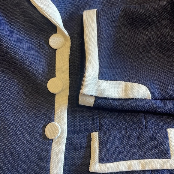 TRADITIONS SZ 16P navy/cream lined tailored faux pockets fabric button blazer - Picture 5 of 7